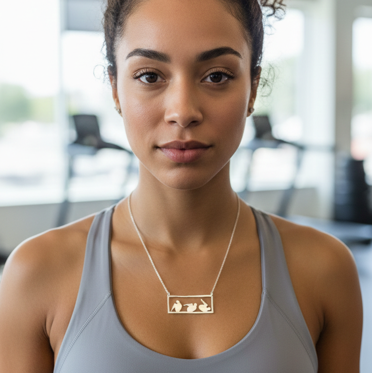 A women modeling sterling silver necklace. Rolling like a ball pendant of the pilates repertoire.
