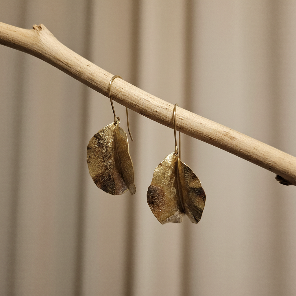 Gold leaf earrings hanging on stick