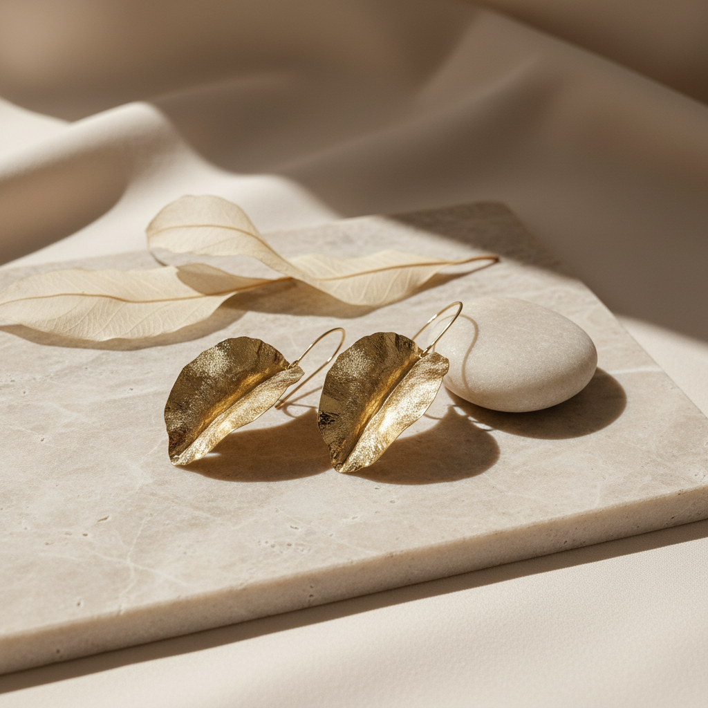 Gold leaf earrings styled product photo
