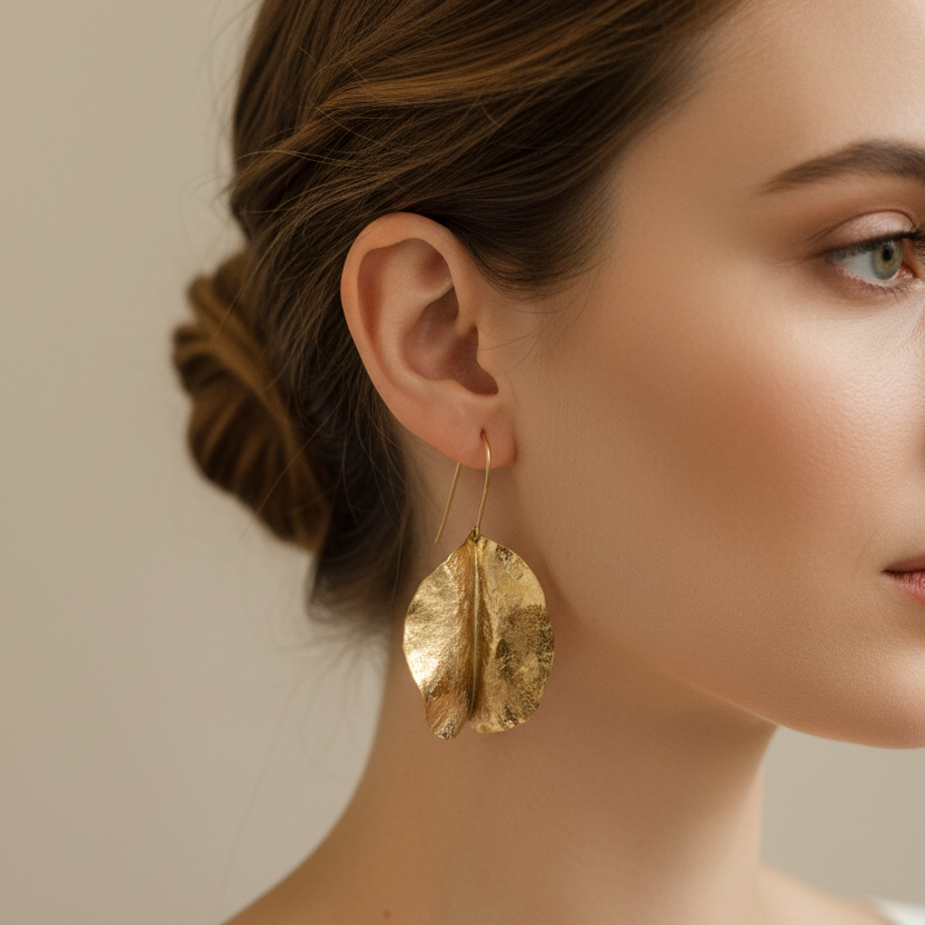 Gold leaf earrings worn by woman